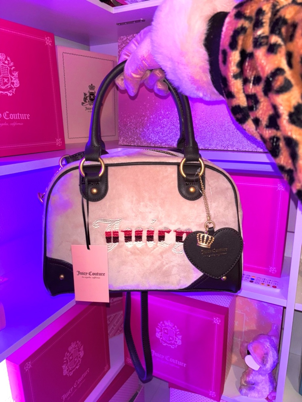 Juicy Couture peachy Pink Velvet Satchel with Brown Trim and embellished Charm